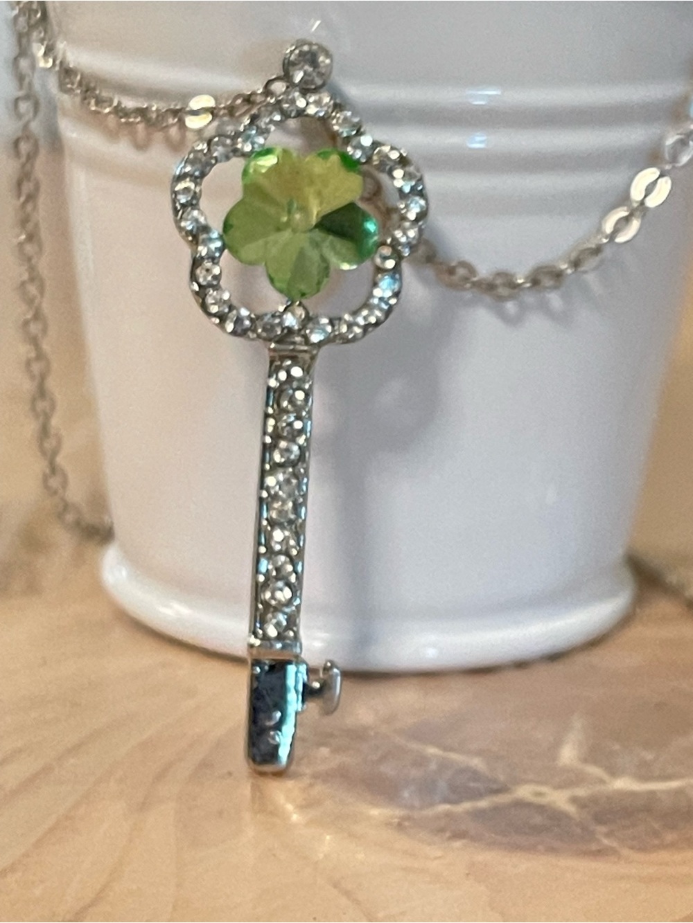 Silver Key Necklace with Green Crystal Clover Accent